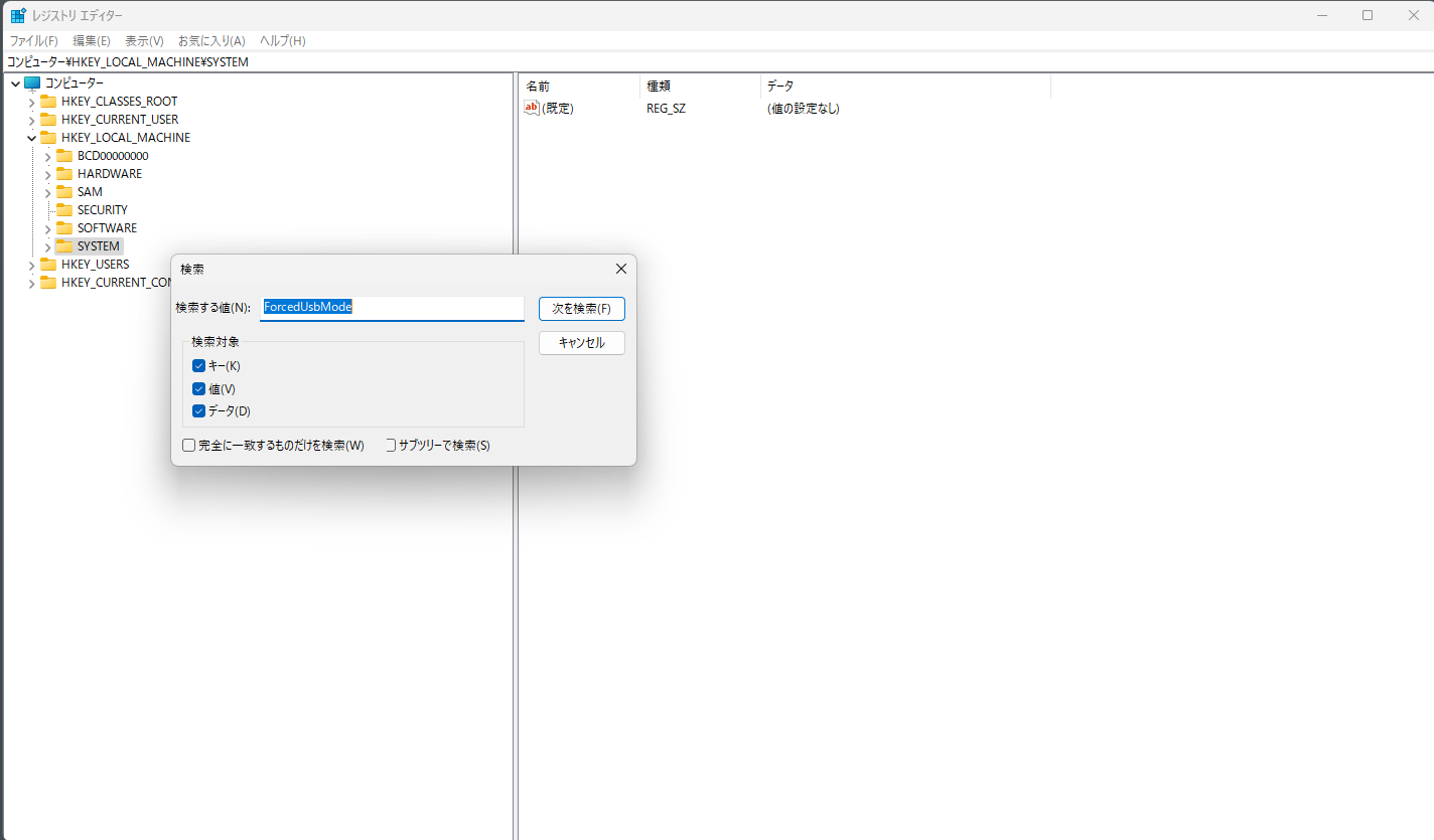 レジストリエディタで「ForcedUsbMode」を検索。