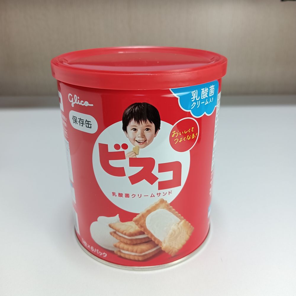 江崎グリコのビスコ保存缶の表。