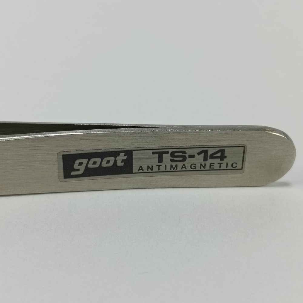 太洋電機産業(goot) 精密ピンセット 極細タイプ TS-14に貼られた製品ラベル。